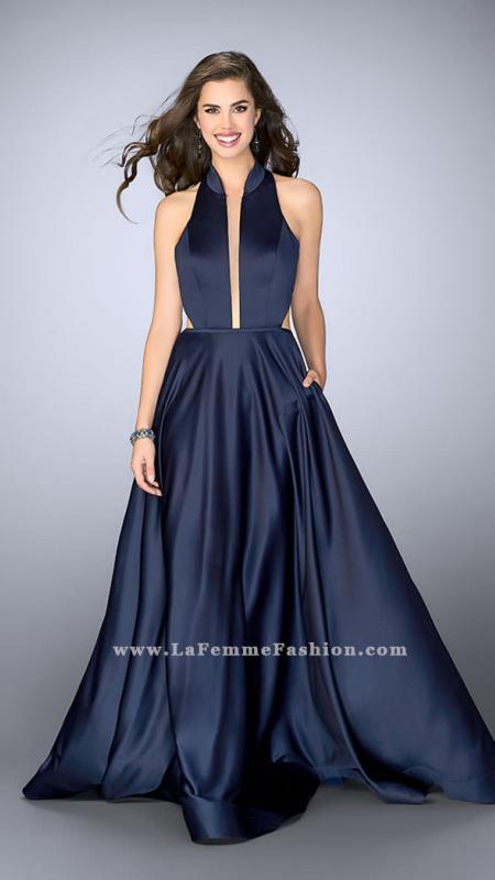La Femme - Sinuous Deep Halter Long A-line Evening Gown 24447