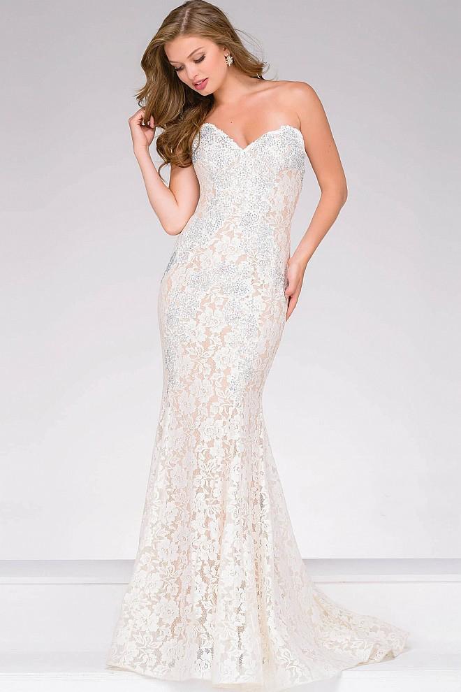 Jovani - 37334 Crystal Embellished Strapless Lace Prom Dress
