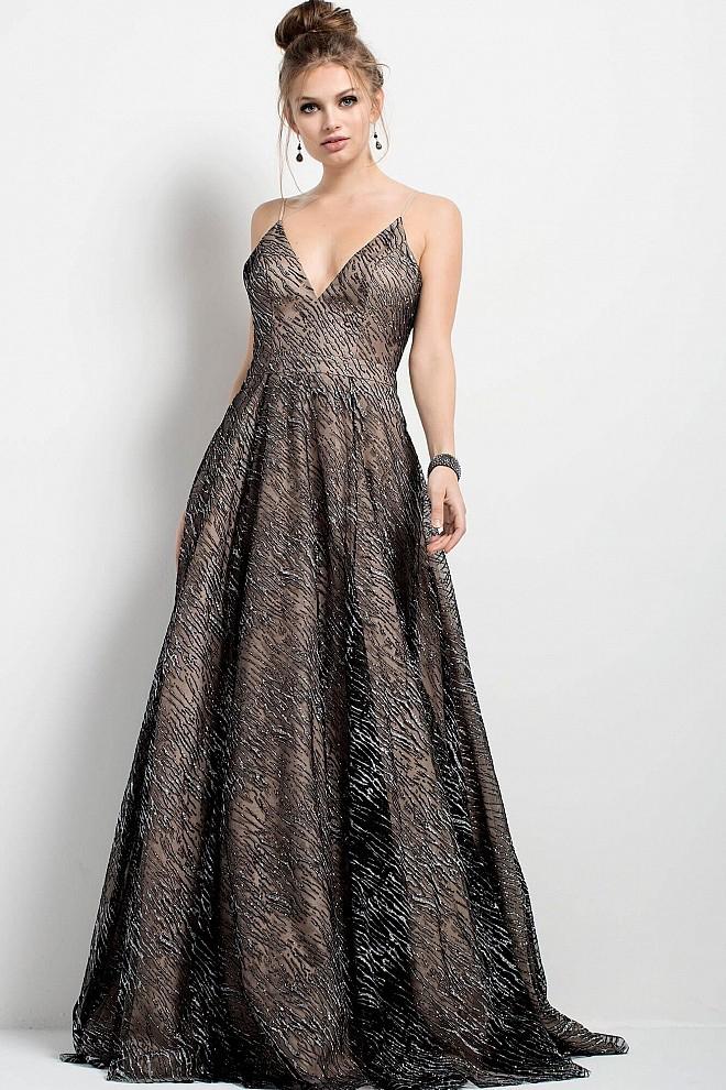 Jovani - 52170 Strappy Silver Embellished A-line Gown