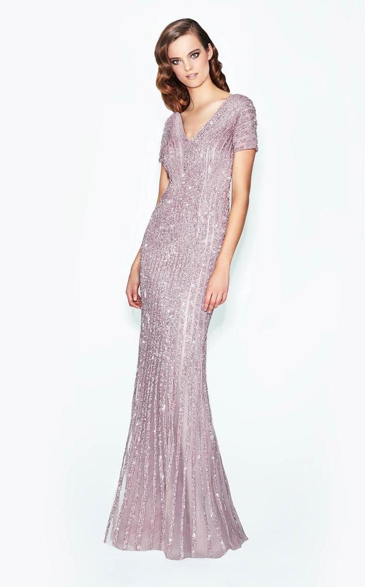 Daymor Couture - 574 Shimmering Short Sleeve V-neck Evening Gown