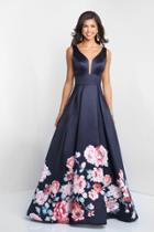 Blush - 5661 Plunging V-neck Floral Printed Mikado Gown