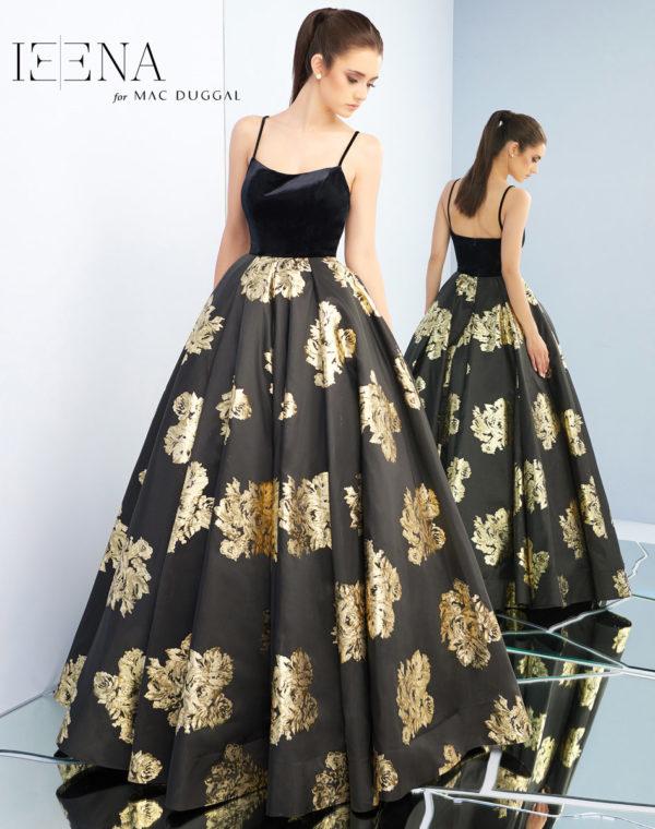 Ieena Duggal - 25955i Velvet Scoop Satin Gold Patterned Gown
