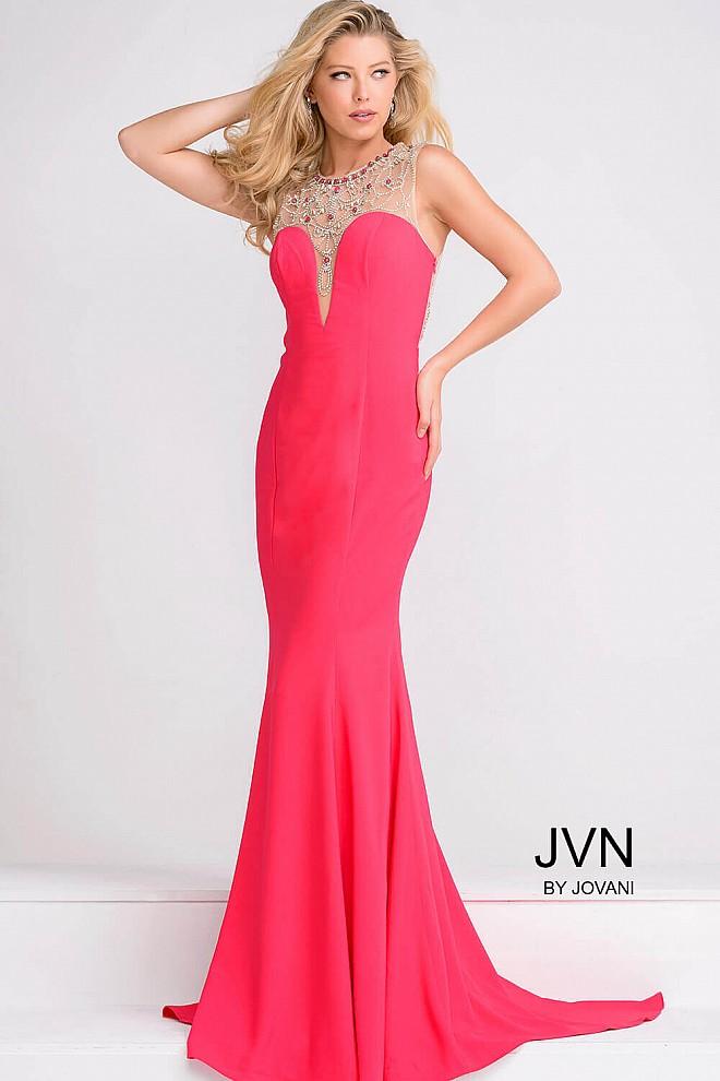 Jovani - Fitted Embellished Neckline Sheer Back Dress Jvn48834