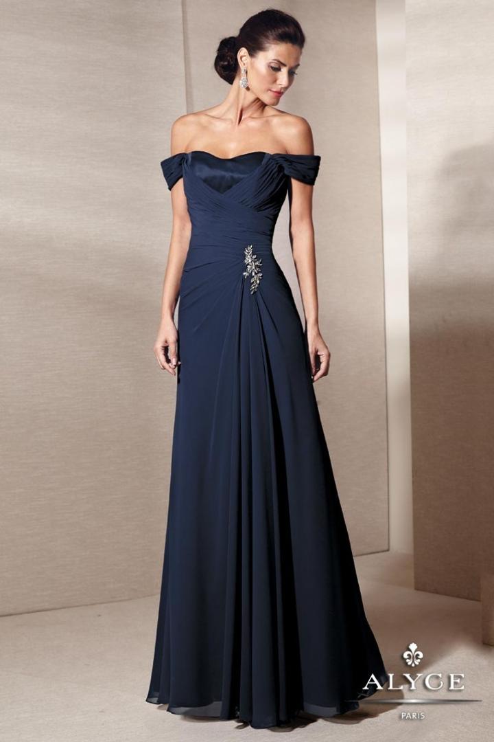 Alyce Paris - Ruched Off-shoulder Gown In Navy 29300