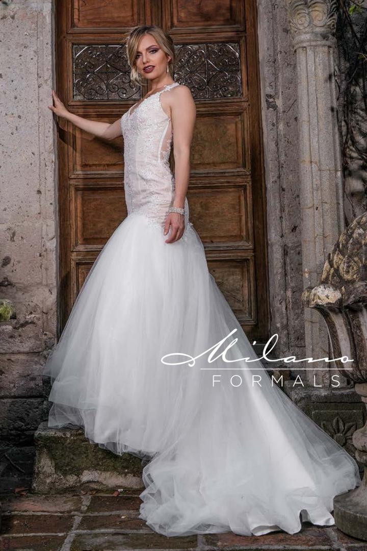 Milano Formals - Aa9306 Embellished V-neck Trumpet Wedding Gown