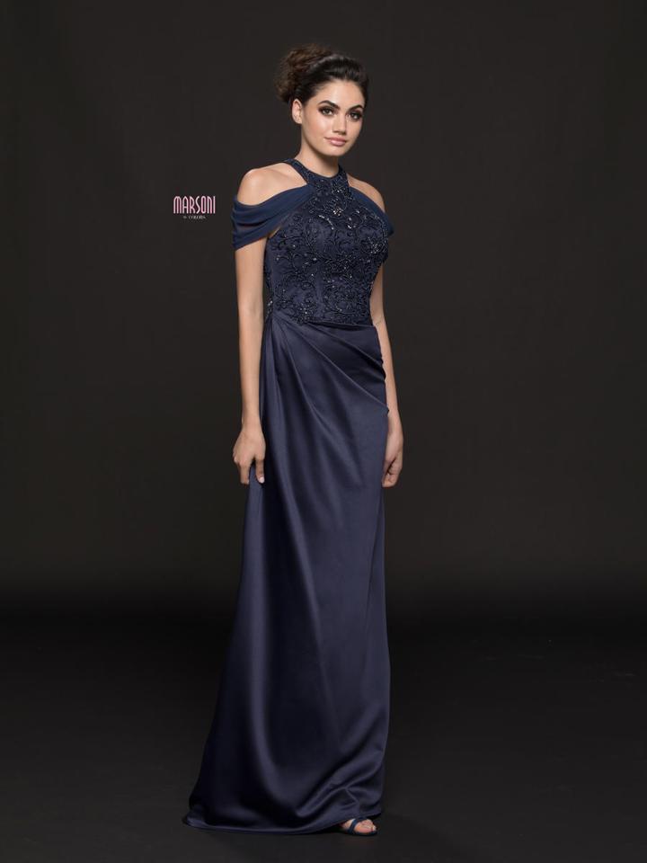 Marsoni By Colors - M216 Embellished Halter Satin Chiffon Sheath Dress