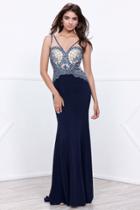 Nox Anabel - V-neck Illusion Long Dress With Beaded Lace Bodice 8264