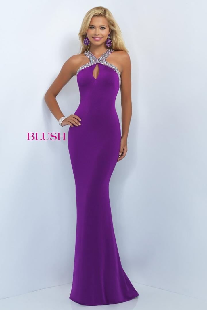Blush - Bejeweled Halter Cutout Sheath Gown 11031