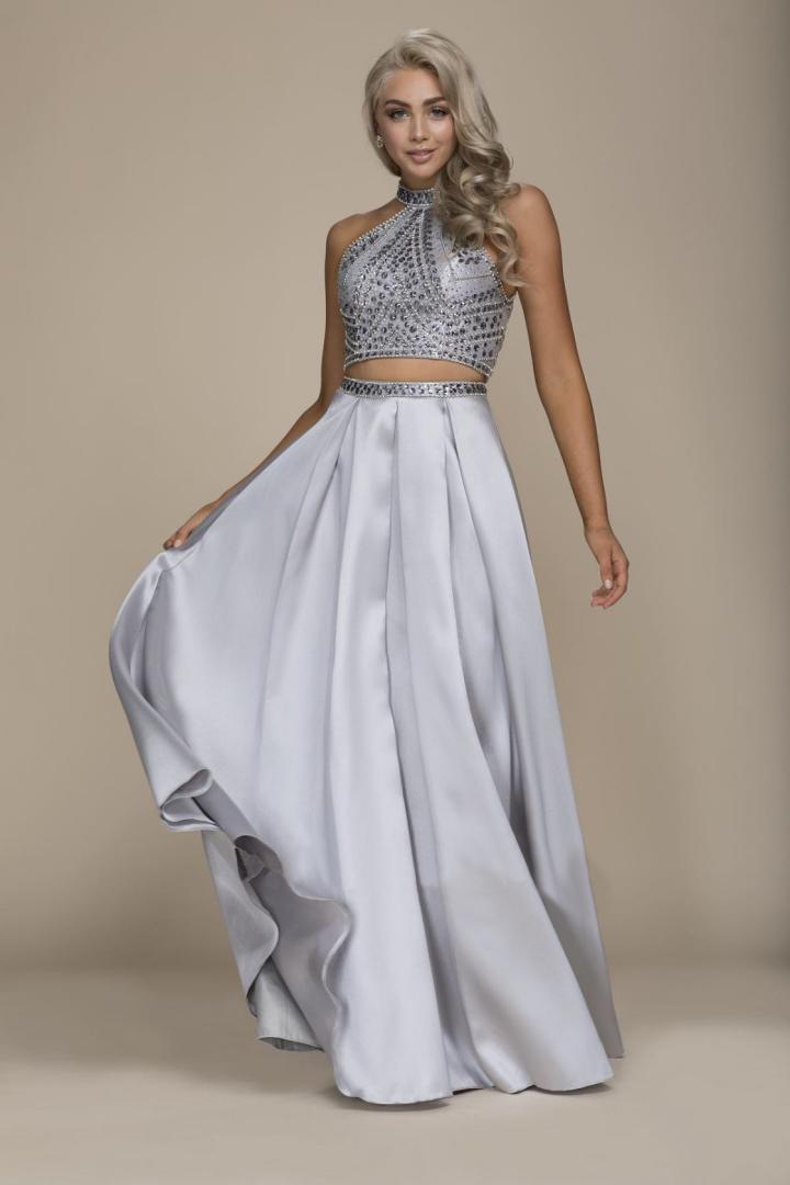 Nox Anabel - G085 Stone Bodice Halter Style Two-piece A Line Dress