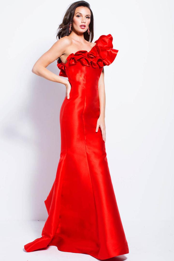 Jovani - 58960 Ruffled One Shoulder Mikado Mermaid Gown