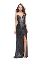 La Femme - 25661 Deep V-neck Sequined Slit Sheath Dress