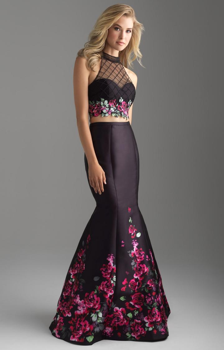 Madison James - 18-602 Illusion High Neck Floral Lattice Mermaid Gown