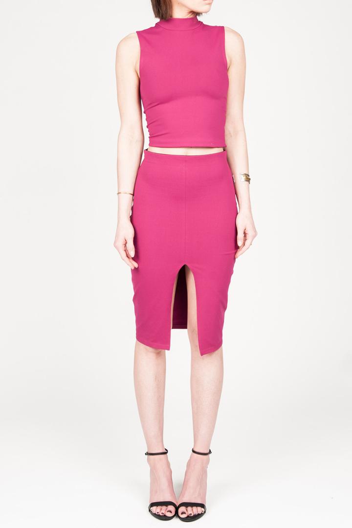 Donna Mizani - Front Slit Midi Skirt In Berry