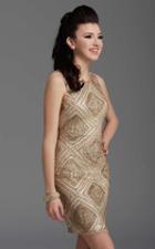 Clarisse - 2928 Gold Beaded Jewel Neck Sheath Dress