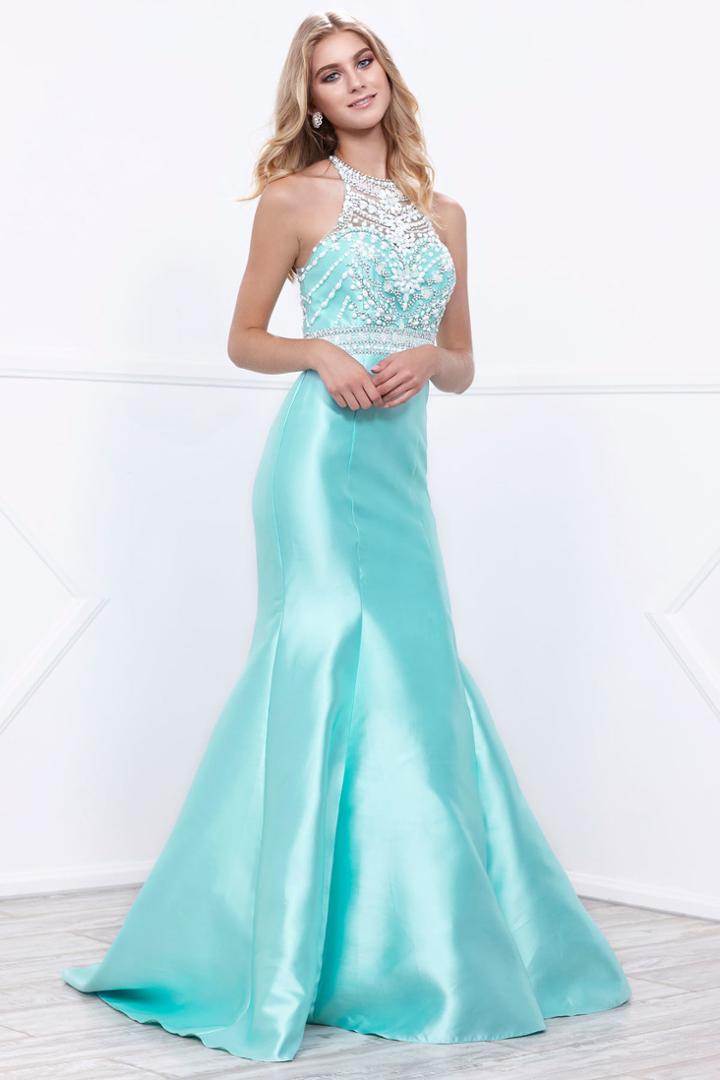 Halter Illusion Beaded Bodice Mermaid Gown
