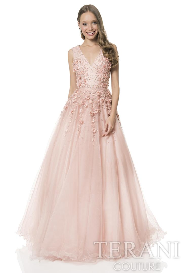 Terani Evening - Monarch Pearl And Floral-accented V-neck Ball Gown 1612p1123a