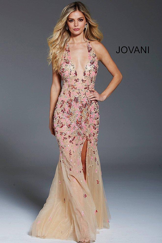 Jovani - 59447 Embellished Plunging Halter Trumpet Gown