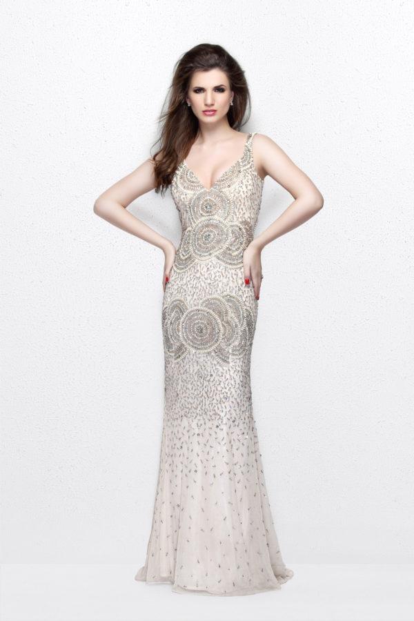 Primavera Couture - Deep V-neckline Beaded Evening Gown 1704
