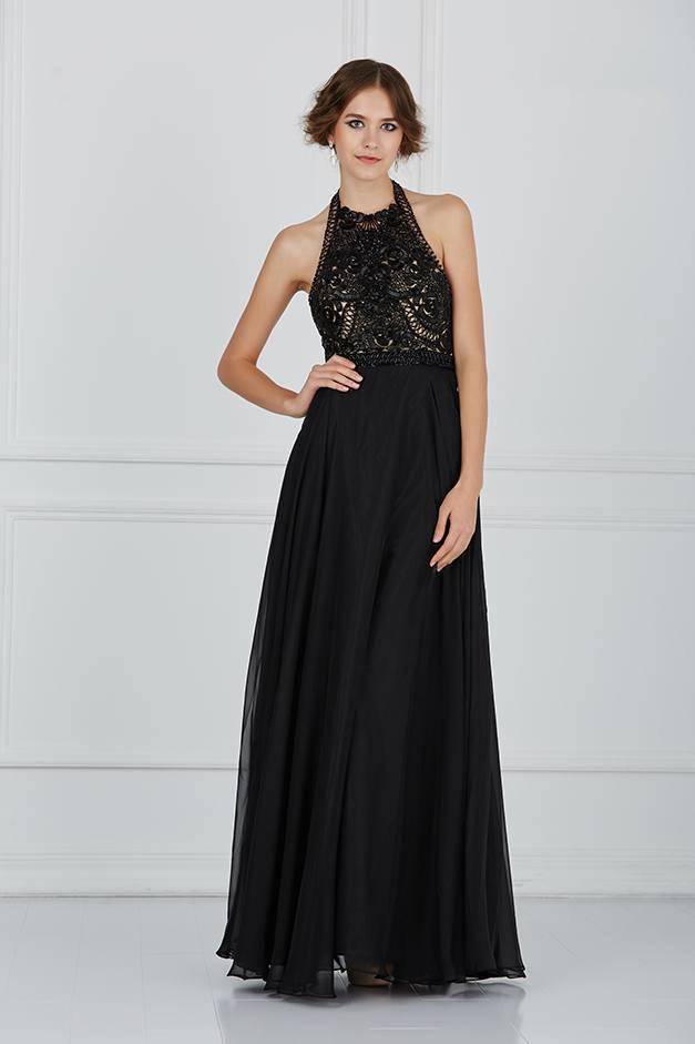 Angela And Alison - 61009 Floral Beaded High Halter Tulle Gown