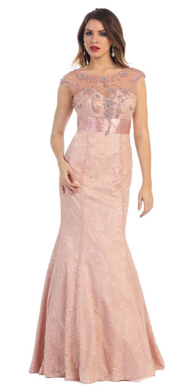 May Queen - Mq-1228 Embellished Illusion Bateau Trumpet Dress