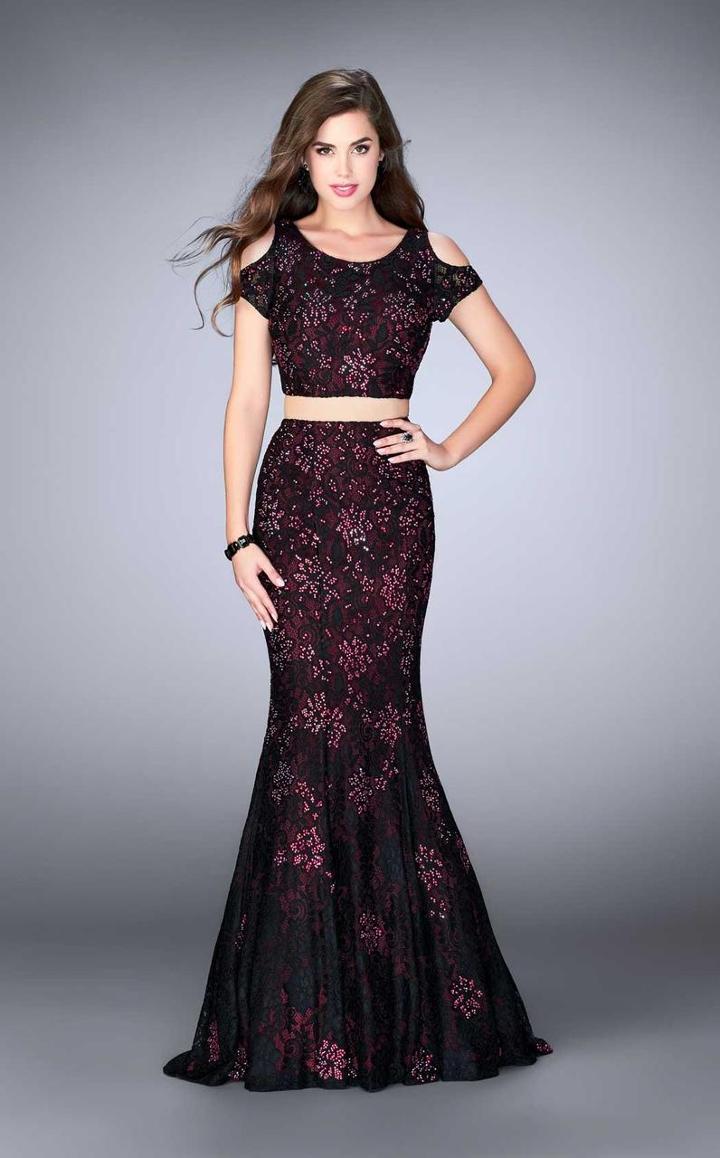 La Femme - Cold Shoulder Crop Top And Mermaid Skirt Rhinestone Lace Prom Dress 24583