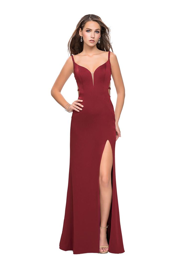 La Femme - 26012 Deep V-neck Satin Sheath Gown