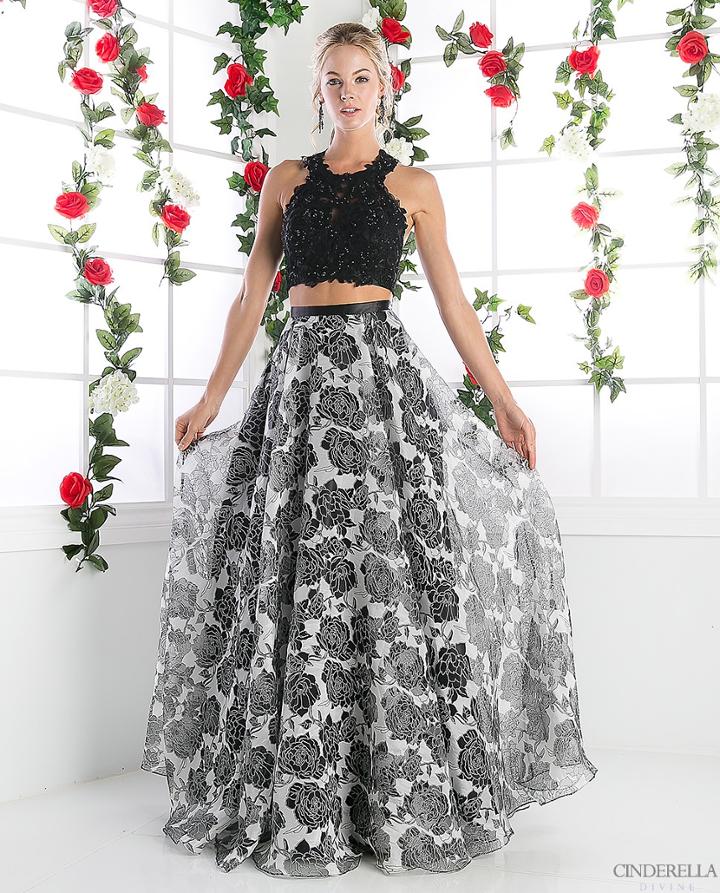 Cinderella Divine - Two Piece Sequined Floral Printed A-line Gown