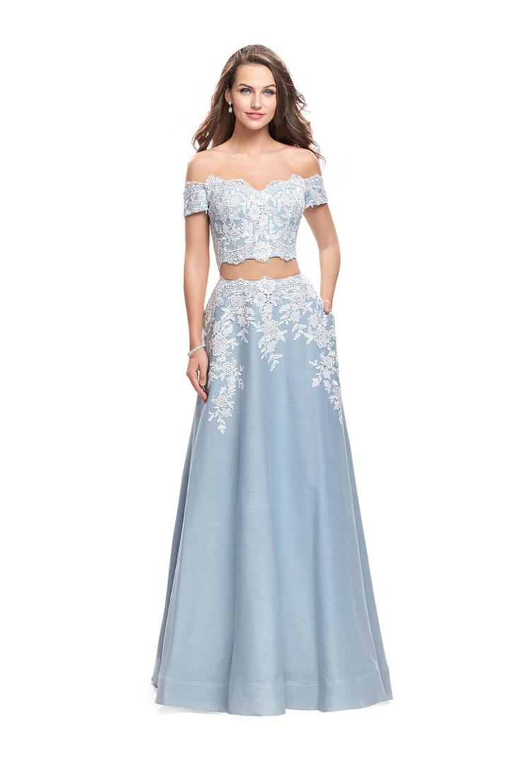 La Femme - 25655 Lace Applique Two Piece Denim A-line Gown