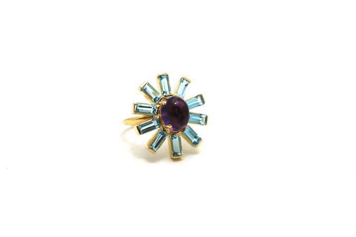 Tresor Collection - Amethyst Oval & Sky Blue Topaz Square Ring In 18k Yellow Gold