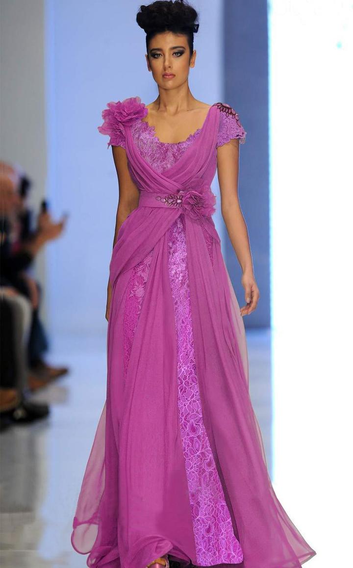 Mnm Couture - 2153 Scoop Neck Lace Draped Evening Gown