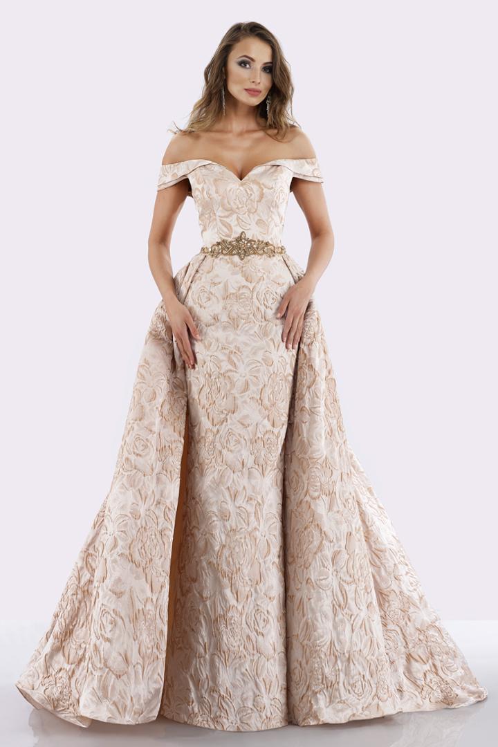 Feriani Couture - 18654 Floral Print Off-shoulder Gown With Overskirt
