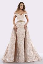Feriani Couture - 18654 Floral Print Off-shoulder Gown With Overskirt