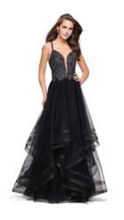 La Femme - 25762 Plunging Lace Bodice Cascading Tulle Gown