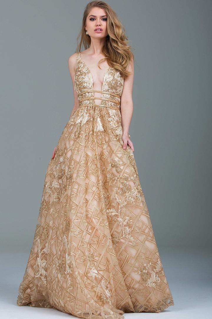 Jovani - 51165 Plunging Gold Embellished Evening Gown