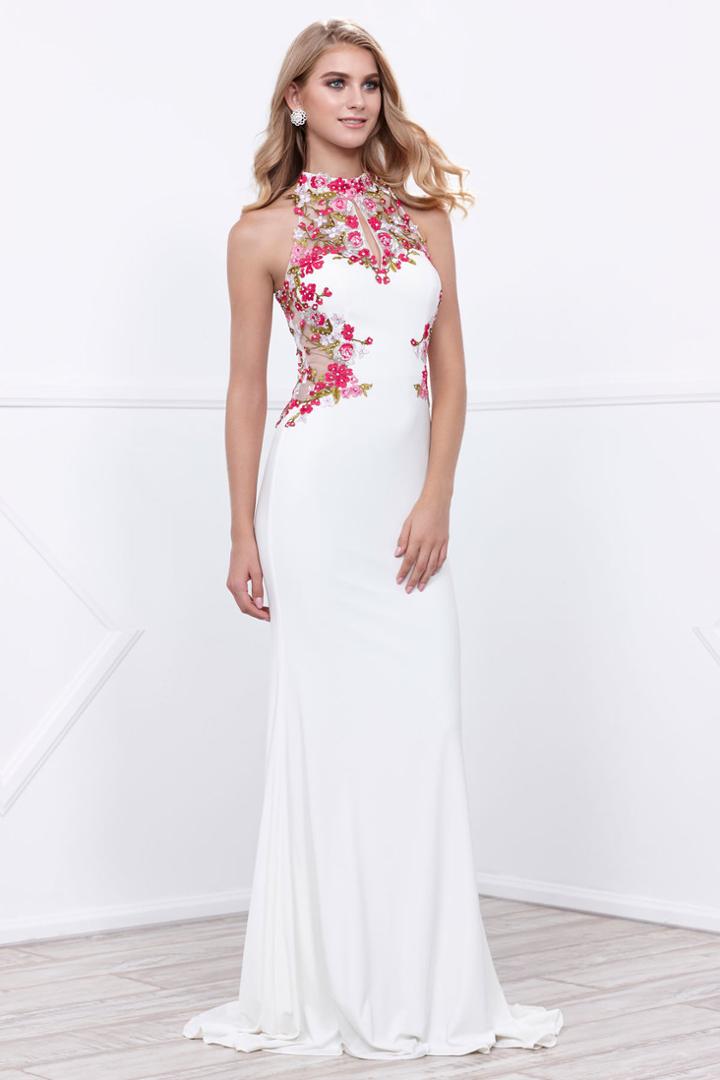 Sleeveless Floral Embroidered Halter Neck Long Jersey Dress