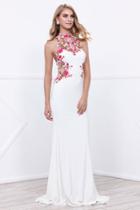 Sleeveless Floral Embroidered Halter Neck Long Jersey Dress