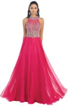 High Neck Beaded Shirred Long A-line Dress
