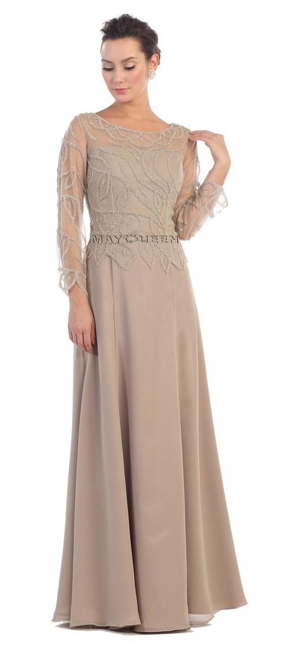 Long Sleeve Beaded Bateau Neck A-line Dress