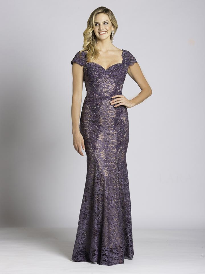 Lara Dresses - 33491 Cap Sleeve Sweetheart Lace Gown