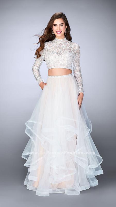 La Femme - Romantic Lace High Illusion Tiered Long Evening Gown 23924
