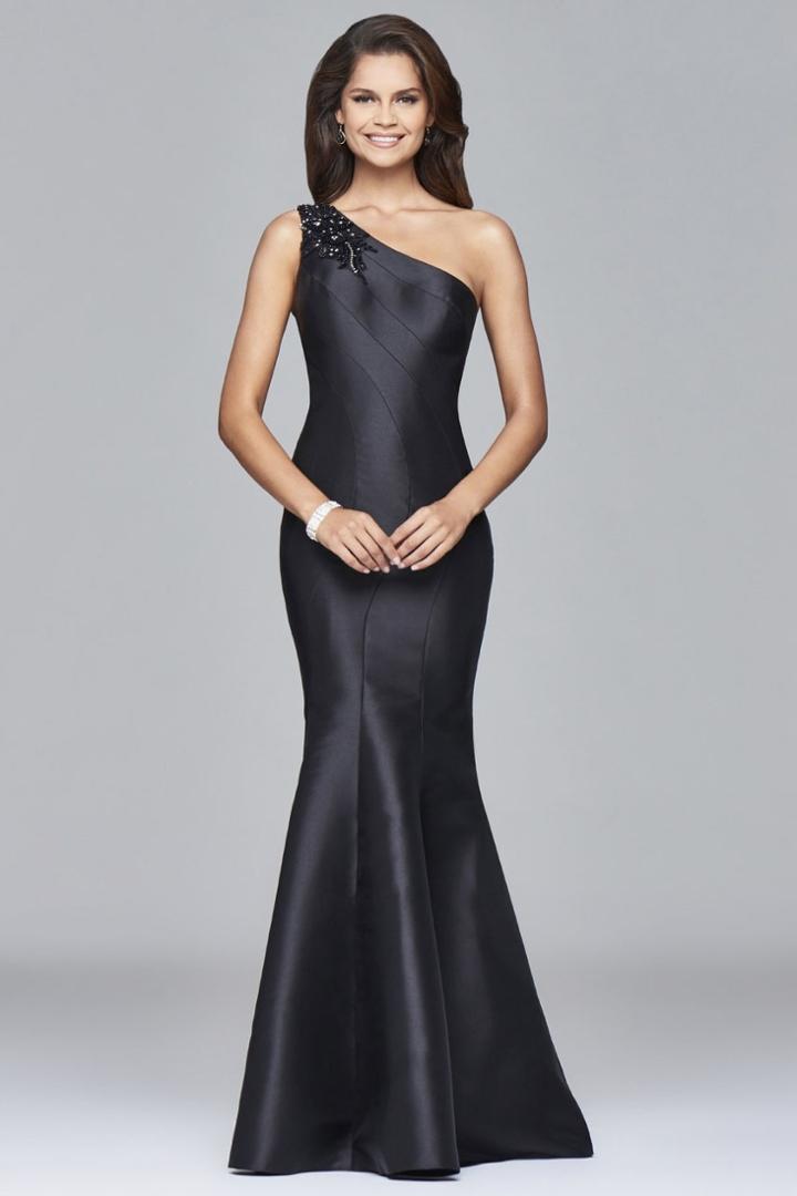 Faviana - Long Mikado One Shoulder Beaded Dress In Black S7973