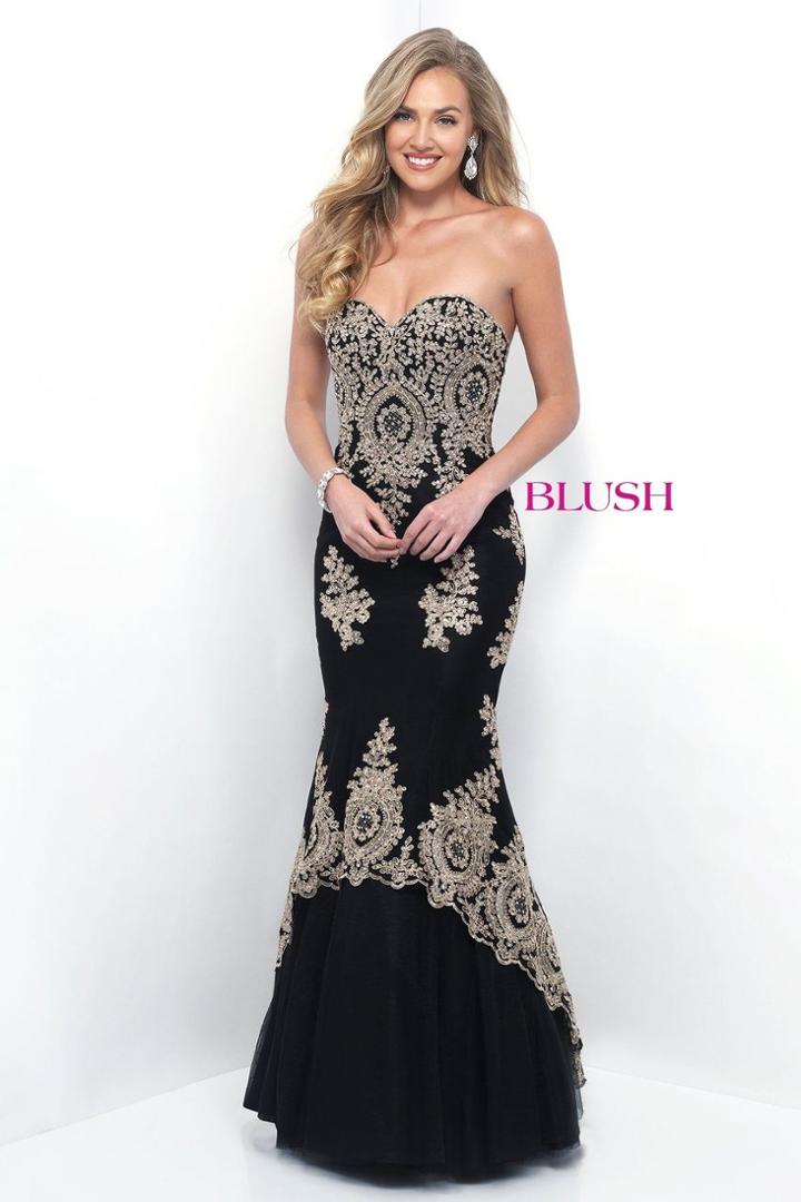 Blush - Strapless Sweetheart Gown With Gold Lace Applique 11269