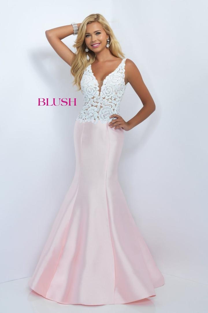 Blush - Floral Embroidered V-neck Taffeta Trumpet Dress 11046