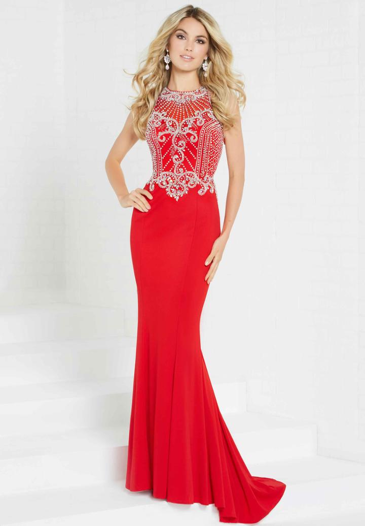 Tiffany Designs - 16293 Embellished Illusion Halter Jersey Dress