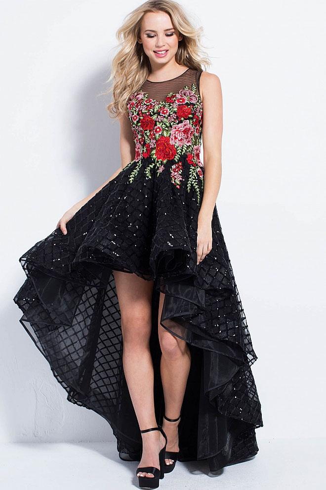 Jovani - 55727 Floral Embroidered High Low Sleeveless Prom Dress