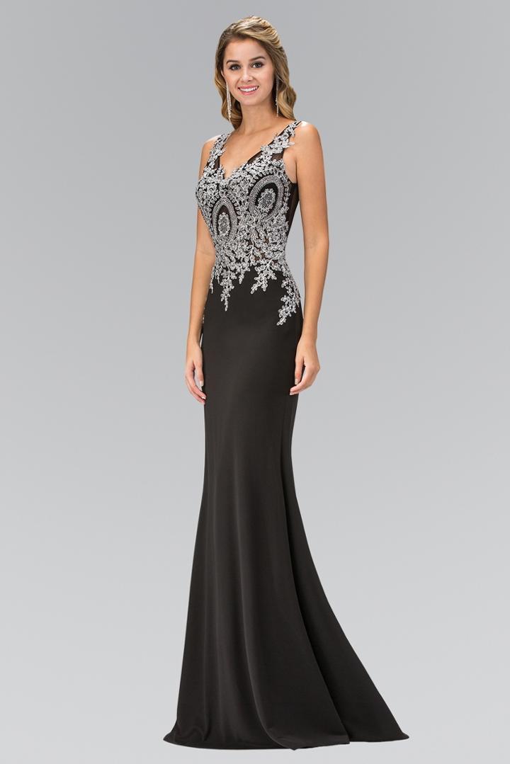 Elizabeth K - Embellished Silver Lace V-neckline Gown Gl1351