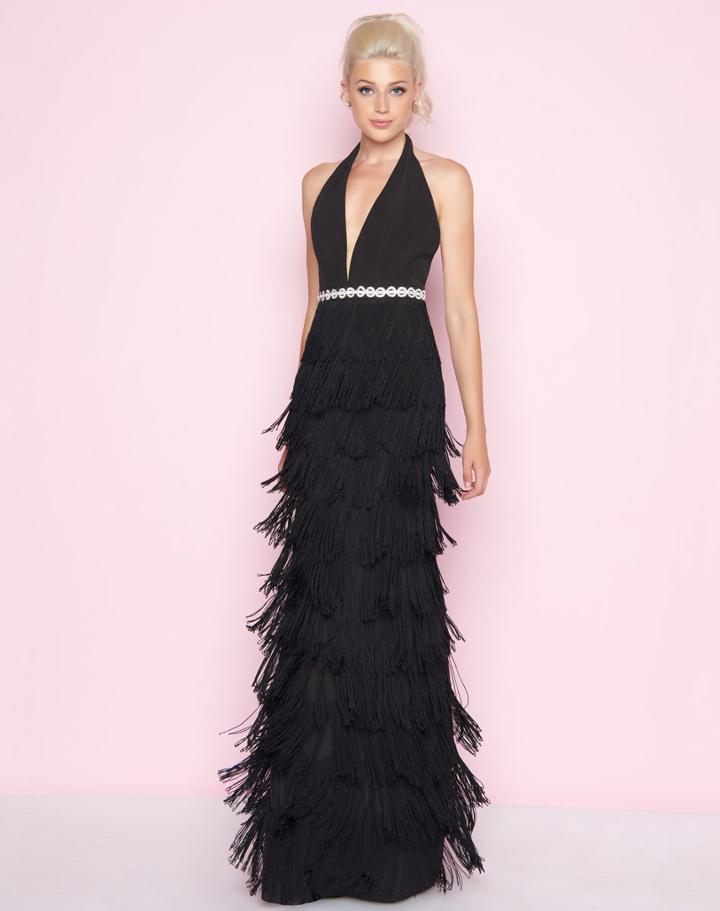 Mac Duggal - 77417l Deep Halter Neck Fringed Fitted Gown