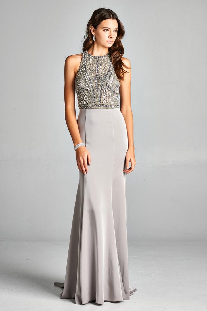 Aspeed - L1851 Bejeweled Halter Neck Sheath Evening Dress