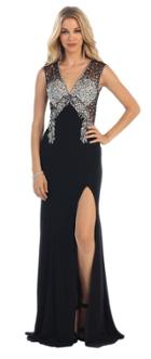 May Queen - Rq7264 Deep V-neck Bejeweled Fitted Gown