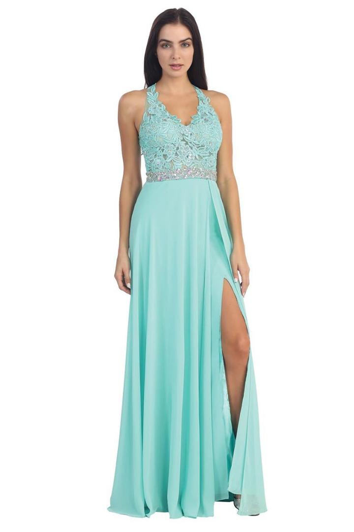 Dancing Queen - 8986 Halter Neck Beaded Lace Gown